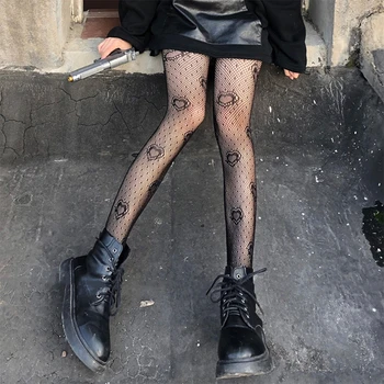 Kadın Siyah Kalp Nokta Jakarlı balık ağı külotlu çorap Gotik Punk Hollow Out Mesh See-Through Tayt Çorap Iç Çamaşırı Görüntü 2