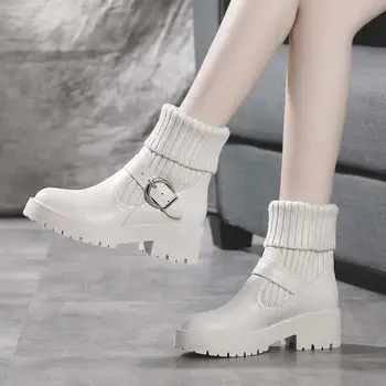 Kadınlar için ayakkabı Kış Moda Örgü Kadife yarım çizmeler Kadın Kore Dantel-up Platformu Botas Sıcak Kare Düğme Botas De Mujer