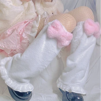 Kawaii bacak ısıtıcısı Kadın Japon Lolita Tarzı Sevimli Cosplay Kostüm Yay Kabarık Peluş Harajuku Bulanık Kış sıcak Fırfır Çorap Kız