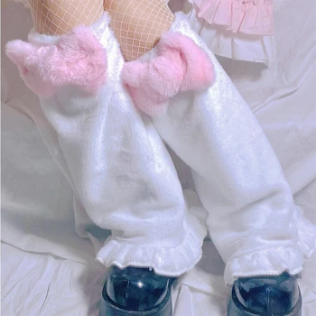 Kawaii bacak ısıtıcısı Kadın Japon Lolita Tarzı Sevimli Cosplay Kostüm Yay Kabarık Peluş Harajuku Bulanık Kış sıcak Fırfır Çorap Kız Görüntü 2