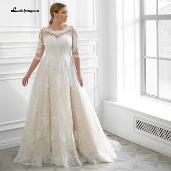 Klasik Artı Boyutu düğün elbisesi Büyük kadın gelin elbiseleri Scoop Yarım Kollu Aplike Glitter Tül Bir Çizgi gelinlikler