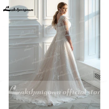 Klasik Artı Boyutu düğün elbisesi Büyük kadın gelin elbiseleri Scoop Yarım Kollu Aplike Glitter Tül Bir Çizgi gelinlikler Görüntü 2