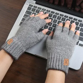 Kış Parmaksız Eldiven Erkekler Kadınlar İçin Yarım Parmak Yazma Ofis Örme Yün Sıcak Deri Etiket sürüş Eldivenleri