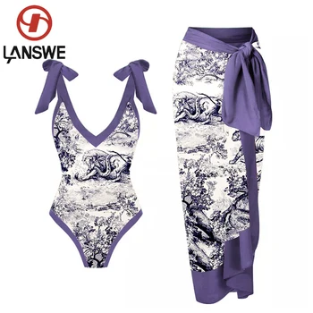 Lanswe2023 Kadınlar Cover Up Mayo Retro Mor Aslan Baskı Derin V Tek Parça Mayo Kimono Bikini Takım Elbise Yaz Plaj Kıyafeti Görüntü 2