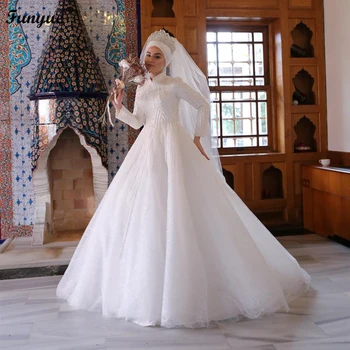 Lüks Müslüman düğün elbisesi Uzun Kollu Yüksek Boyun El Yapımı Boncuk Tül Beyaz Gelin Balo Veils Robe De Mariage Görüntü 2