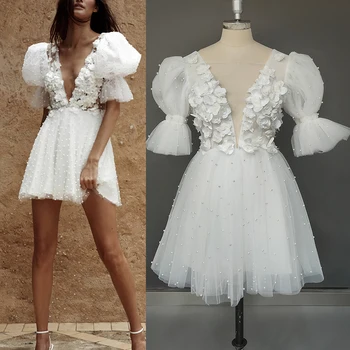 Mini Uzunluk 3D Çiçekler Aplikler Düğün Dans Elbise Yarım Fener Kollu Derin V Yaka Backless İnciler Pileli Tül gelin kıyafeti