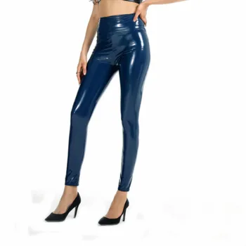 Moda Kadınlar Parlak Patent PVC deri pantolon Artı Boyutu Egzotik Yüksek Bel Slim Fit Dans Parti Pantolon Deri Pantolon bayan Görüntü 2
