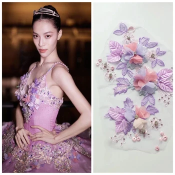 Mor Pembe Pullu Nakış Dantel 3D Çiçek Aplike Yama DIY Elbise Düğün Aksesuarları Dantel Kumaş