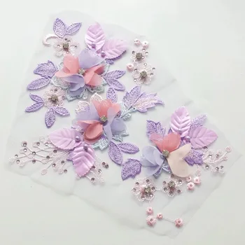 Mor Pembe Pullu Nakış Dantel 3D Çiçek Aplike Yama DIY Elbise Düğün Aksesuarları Dantel Kumaş Görüntü 2