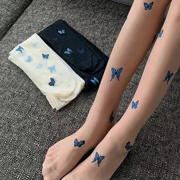Nefes Mavi Renk Kelebek Kadınlar için Tayt Şekli Seksi İpek İnce Külotlu Çorap Siyah Deri Tayt Örgü Naylon Çorap Külotlu Çorap