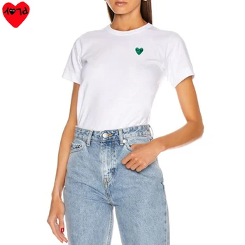 OYUN Kadın kısa kollu tişört Mektup Nakış Kalp Pamuk O-Boyun Yaz Düz Renk Gevşek günlük t-shirt Görüntü 2