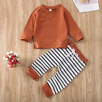 Pudcoco Yenidoğan Erkek Bebek Giysileri Düz Renk Uzun Kollu Üstleri Çizgili Uzun pantolon 2 Adet Kıyafetler pamuklu giysiler Tişörtü Seti