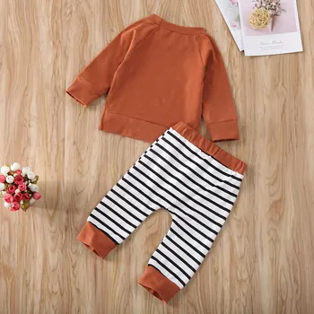 Pudcoco Yenidoğan Erkek Bebek Giysileri Düz Renk Uzun Kollu Üstleri Çizgili Uzun pantolon 2 Adet Kıyafetler pamuklu giysiler Tişörtü Seti Görüntü 2
