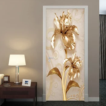 Pvc Kendinden Yapışkanlı Su Geçirmez Kapı Sticker Duvar Kağıdı 3D Lüks Altın Çiçek Duvar Resimleri Avrupa Tarzı Oturma Odası Ev Dekor Sticker Görüntü 2