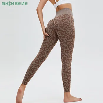 SHINBENE Leopar Baskı Dikişsiz Ganimet Tayt Yoga Pantolon Kadınlar Yüksek Bel Popo Ezme spor salonu taytları Spor Tayt Artı Boyutu