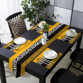 Sarı Leopar Zebra Çizgili Masa Koşucu Placemat Seti Masa Örtüsü yemek masası Mat Ev Düğün Masa Dekorasyon