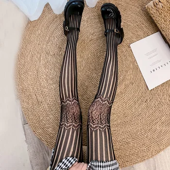 Seksi Siyah Örgü Çorap Kadın Şeffaf İnce Naylon Tayt Külotlu Çorap Soğutma Sıvısı Femme Şerit İçi Boş Çorap Elbise Calcetines