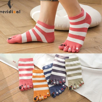 Sevimli Ayak Bileği Beş Parmak Çorap Kadın Pamuk Çizgili Baskı Moda Harajuku Kız No Show Mutlu Çorap Ayak Parmakları İle Yenilik AB 36-39