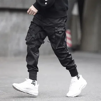 Siyah Hip Hop kargo pantolon Erkekler Streetwear Moda Pamuk Joggers Sweatpants Casual Harem Pantolon Yaz Harajuku Gelgit Giyim Görüntü 2