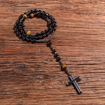 Siyah Oniks Sarı Kaplan Gözü Boncuklu Katolik Hıristiyan Haç Kolye Kolye Mala Meditasyon Takı Erkekler ve Kadınlar Tespih Görüntü 2