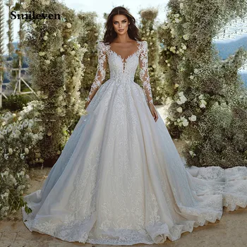 Smileven Fildişi düğün elbisesi Bir Çizgi Uzun Kollu Aplike Dantel Gelin Elbiseler Robe De Mariee Boho Gelinlikler