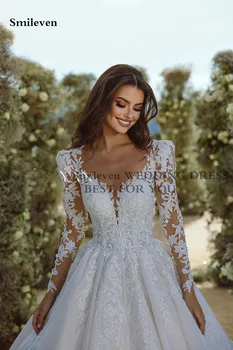 Smileven Fildişi düğün elbisesi Bir Çizgi Uzun Kollu Aplike Dantel Gelin Elbiseler Robe De Mariee Boho Gelinlikler Görüntü 2