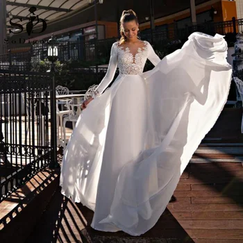 SoDigne Arapça Modern Plaj düğün elbisesi Uzun Kollu Dantel Aplikler Gelin Elbise Ayrılabilir Tren İle Saten Gelinlikler