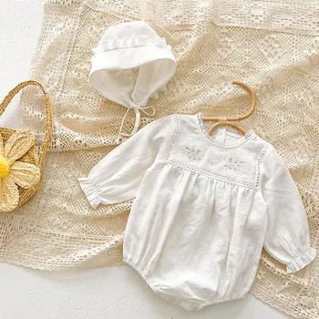 Sonbahar Bahar Bebek Kız Giyim Toddler Bebek Kız Romper + Şapka Çiçek Nakış pamuklu uzun kollu tişört Bebek Bebek Kız Tulum