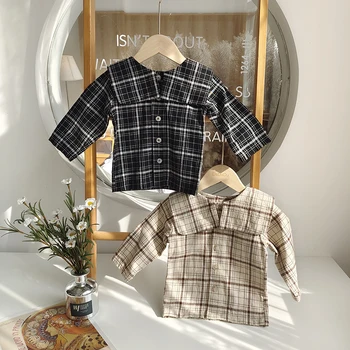 Sonbahar Bebek Bluz Toddler Keten Donanma Yaka Gömlek Uzun Kollu Ekose Baskı Düğmesi Üstleri Tee Çocuk Giyim Çocuk Kız Camisas Görüntü 2