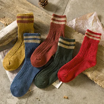 Sonbahar Kış Kalınlaşmak Sıcak Uzun Çorap Kadın Rahat Moda Düz Renk Çizgili Vintage Ekip Çorap Harajuku Termal Kadın Çorap
