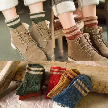 Sonbahar Kış Kalınlaşmak Sıcak Uzun Çorap Kadın Rahat Moda Düz Renk Çizgili Vintage Ekip Çorap Harajuku Termal Kadın Çorap Görüntü 2
