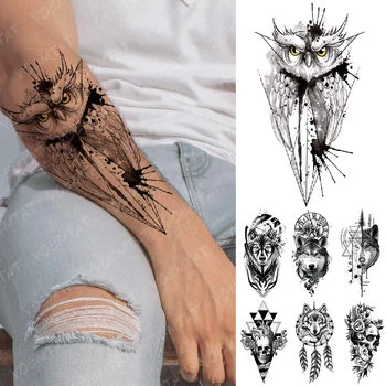 Su geçirmez Geçici Dövme Etiket Gül Baykuş Flaş Dövmeler Kurt Kafatası Dreamcatcher Vücut Sanatı Kol Sahte Dövme Kadın Erkek