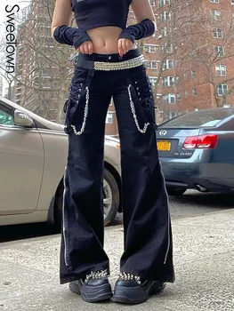 Sweetown Siyah Gotik Kız Sokak Kargo Pantolon Kadın Koyu Akademik Techwear Çapraz Düşük Bel Punk Stil Geniş Bacak Pantolon Kravat 