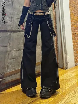 Sweetown Siyah Gotik Kız Sokak Kargo Pantolon Kadın Koyu Akademik Techwear Çapraz Düşük Bel Punk Stil Geniş Bacak Pantolon Kravat  Görüntü 2