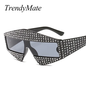 TrendyMate Lüks Marka Tasarımcısı İtalyan Büyük Kristal güneş gözlüğü Kare Shades Kadınlar Boy Güneş Gözlüğü Adam Retro 1378T Görüntü 2
