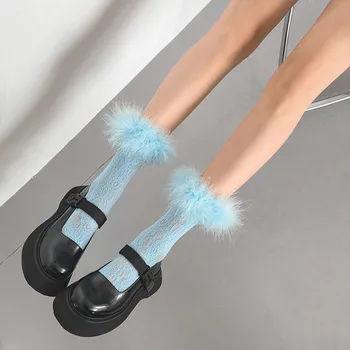 Tüy Ayak Bileği Çorap Kadın Kürklü Dantel Örgü Çorap Seksi Çorap Bayanlar Yaz Uzun Diz Yüksek Sıkıştırma Çorap Moda 1 çift Görüntü 2