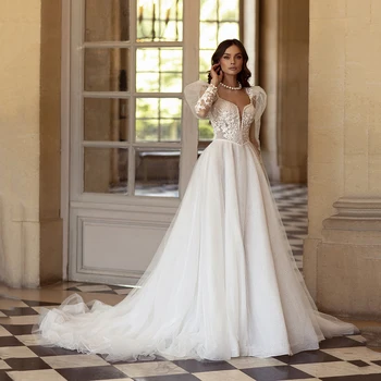 UZN Şık Bir Çizgi Glitter düğün elbisesi Sevgiliye Uzun Kabarık Kollu düğün elbisesi es İnciler Aplikler gelinlikler 2023 Elbiseler De