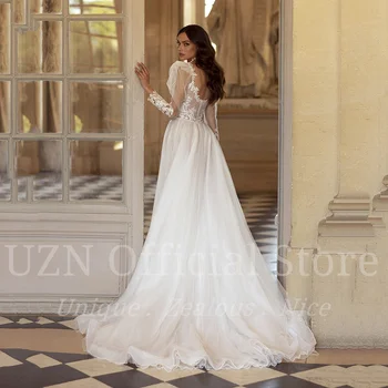 UZN Şık Bir Çizgi Glitter düğün elbisesi Sevgiliye Uzun Kabarık Kollu düğün elbisesi es İnciler Aplikler gelinlikler 2023 Elbiseler De Görüntü 2