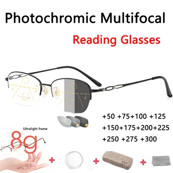 Ultralight Fotokromik Multifokal okuma gözlüğü durumda Uzak Yakın Geçiş Okuyucu Gözlük Sürüş Açık Alaşım Yarım Çerçeve