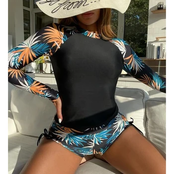 Uzun Kollu Tankini Kadın Döküntü Bekçi İki Parçalı sörf kıyafeti Push Up Monokini Mayo Boyleg Bodysuit Mayo 2023 Mujer
