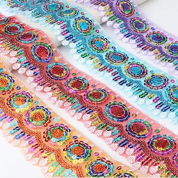 Uzun şerit nakış etnik tarzı Pullu dekorasyon dantel renk barkod dantel giyim aksesuarları Pullu dantel 9m Görüntü 2