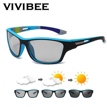 VIVIBEE Erkekler Fotokromik Güneş Gözlüğü Spor Mat Mavi Siyah Çerçeve Polarize Renk Değiştirme UV400 Gözlük