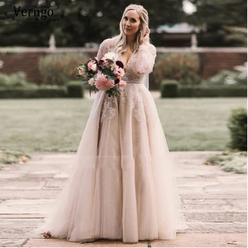Verngo Vintage Tozlu Renk düğün elbisesi 2020 Uzun Kollu Dantel Aplike Tül gelinlikler Plaj Boho gelinlik Artı Boyutu