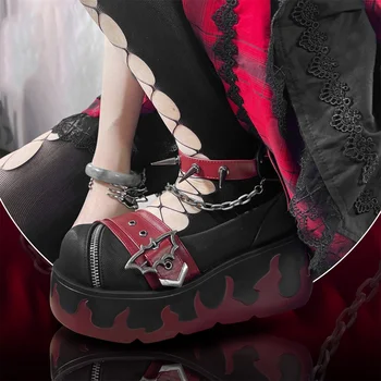 Vintage Koyu Gotik Tarzı Kızlar Ayakkabı Lolita Cosplay Cadılar Bayramı Kalın Alt Alev Desen Yarasa Düğme Kanatları 7cm Yüksek Topuk Ayakkabı Görüntü 2