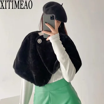 Xıtımeao Yeni Kış Pelerin Ceket Kadın Rahat Moda Kuzu Faux Kürk Palto Kabarık Boy Kısa Giyim