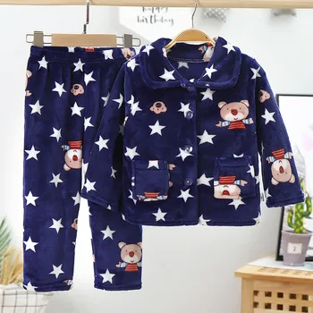Yeni 2022 Çocuk Erkek Kız Sonbahar Kış sıcak Pazen Pijama Setleri Karikatür Baskı Yaka Üstleri Pantolon Uyku giyim setleri Görüntü 2