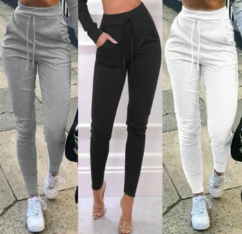Yeni Kadın Yüksek Bel Dantel-up Pantolon Düz Renk Joggers Sweatpants Moda Bayanlar Slim Fit kalem pantolon Streetwear