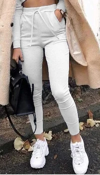 Yeni Kadın Yüksek Bel Dantel-up Pantolon Düz Renk Joggers Sweatpants Moda Bayanlar Slim Fit kalem pantolon Streetwear Görüntü 2