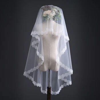 Yeni bir Katman 150 cm Bling Pullu Dantel Kenar Kısa Düğün Veils Yüksek Kalite Fildişi Gelin Peçe
