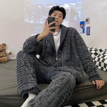 Yeni erkek Kış Kalınlaşmak Sıcak Pazen Pijama Setleri Erkek Uzun Kollu Artı Boyutu Pijama Pijama Gecelik Rahat Pijama Pijama Görüntü 2